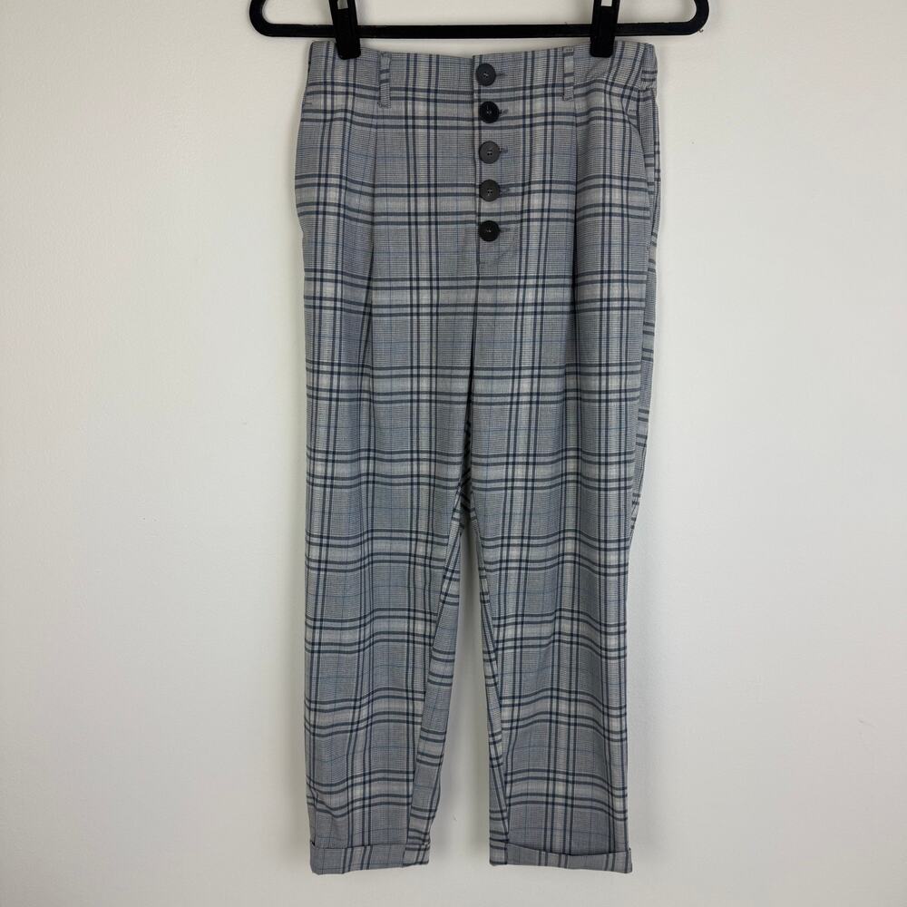 MNG by Mango Suit Womens Ankle Button Front High Rise Grey/Blue Plaid Pants XS